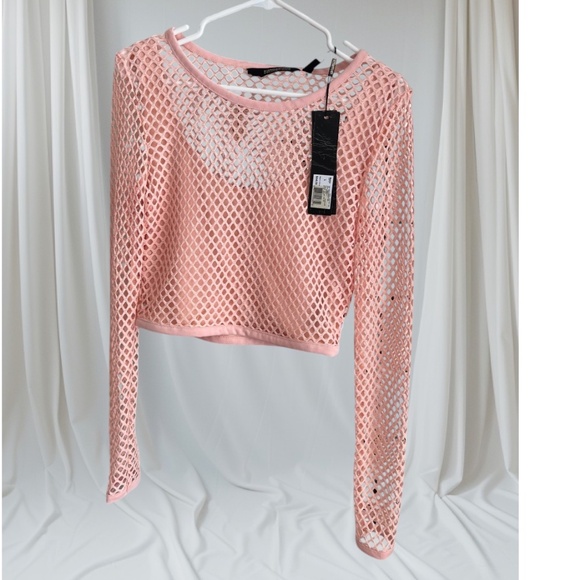 Kardashian Kollection Pink Crop Fishnet Top - Picture 1 of 3